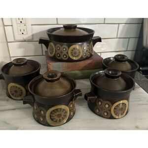 5 Vintage MCM Denby Arabesque Samarkand Stoneware Lidded Casserole England 1960s